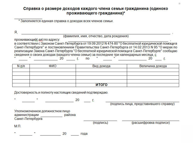 Образец справки о малоимущей семье